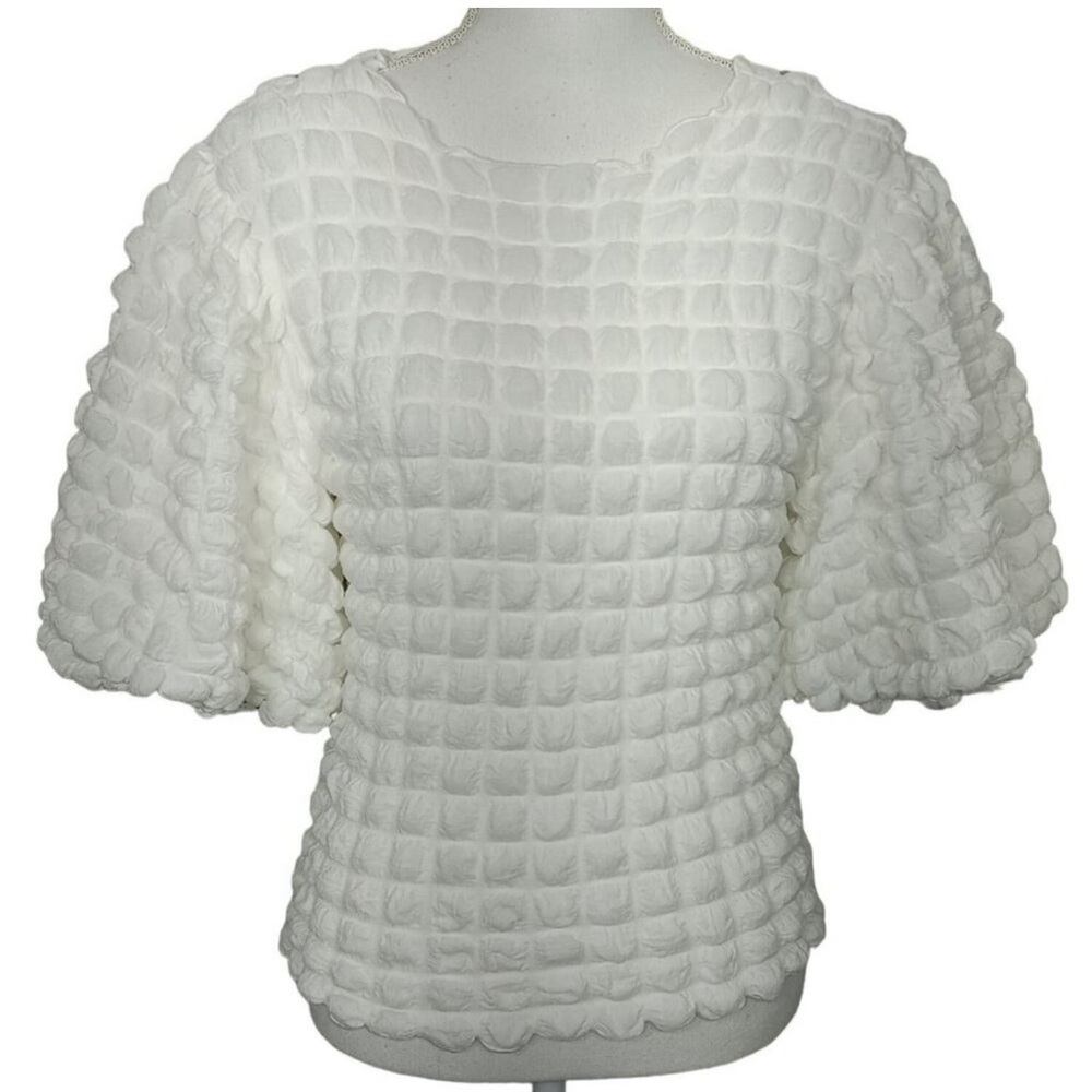 ERI + ALI Anthropologie Textured Puff-Sleeve Top White Sz S NWOT